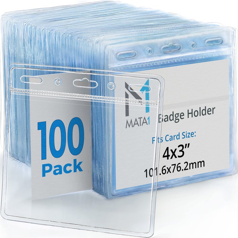 Mata1-USA Plastic Horizontal Card Protector (Clear, 4x3 Inch, 100 Pack), Large Size No Zipper ID Name Badge Holder - Image 1